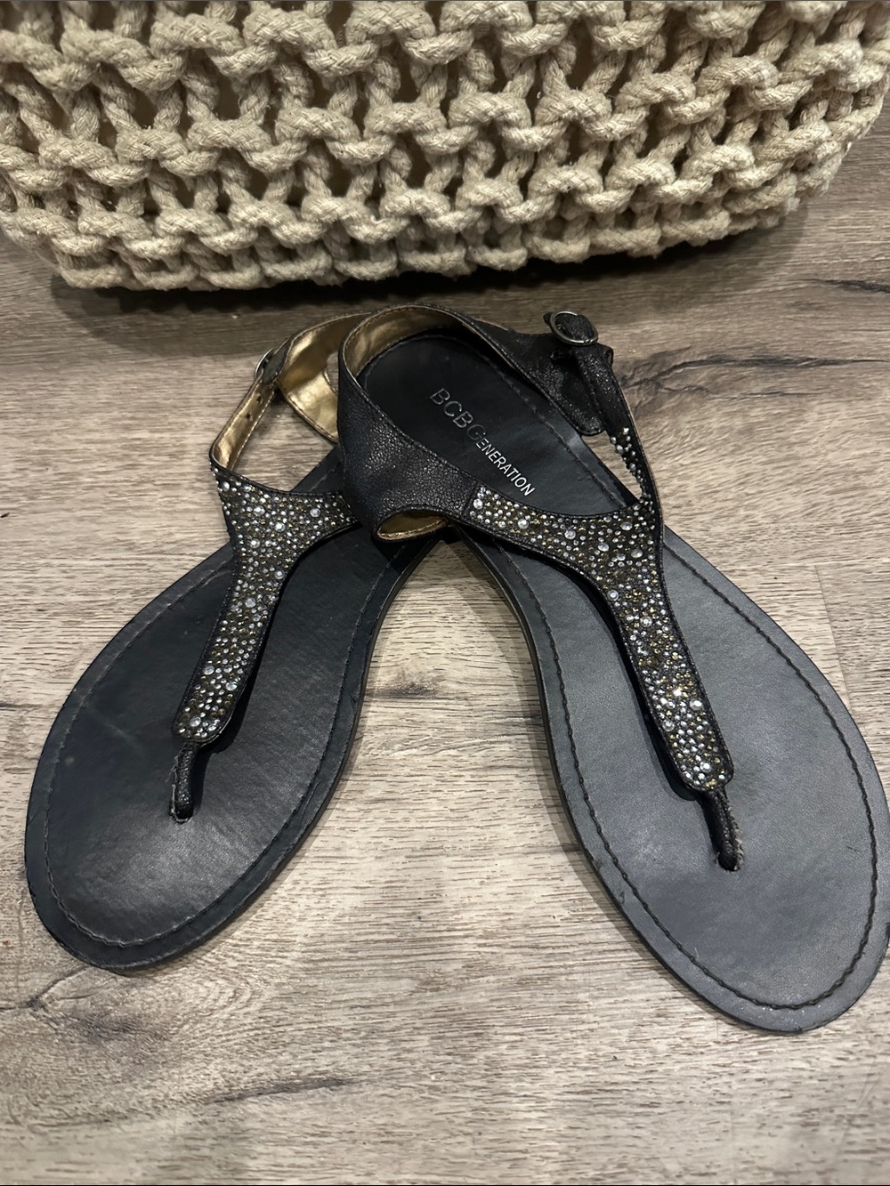 BCBGeneration Black Glitter T-Strap Rhinestone Sandals